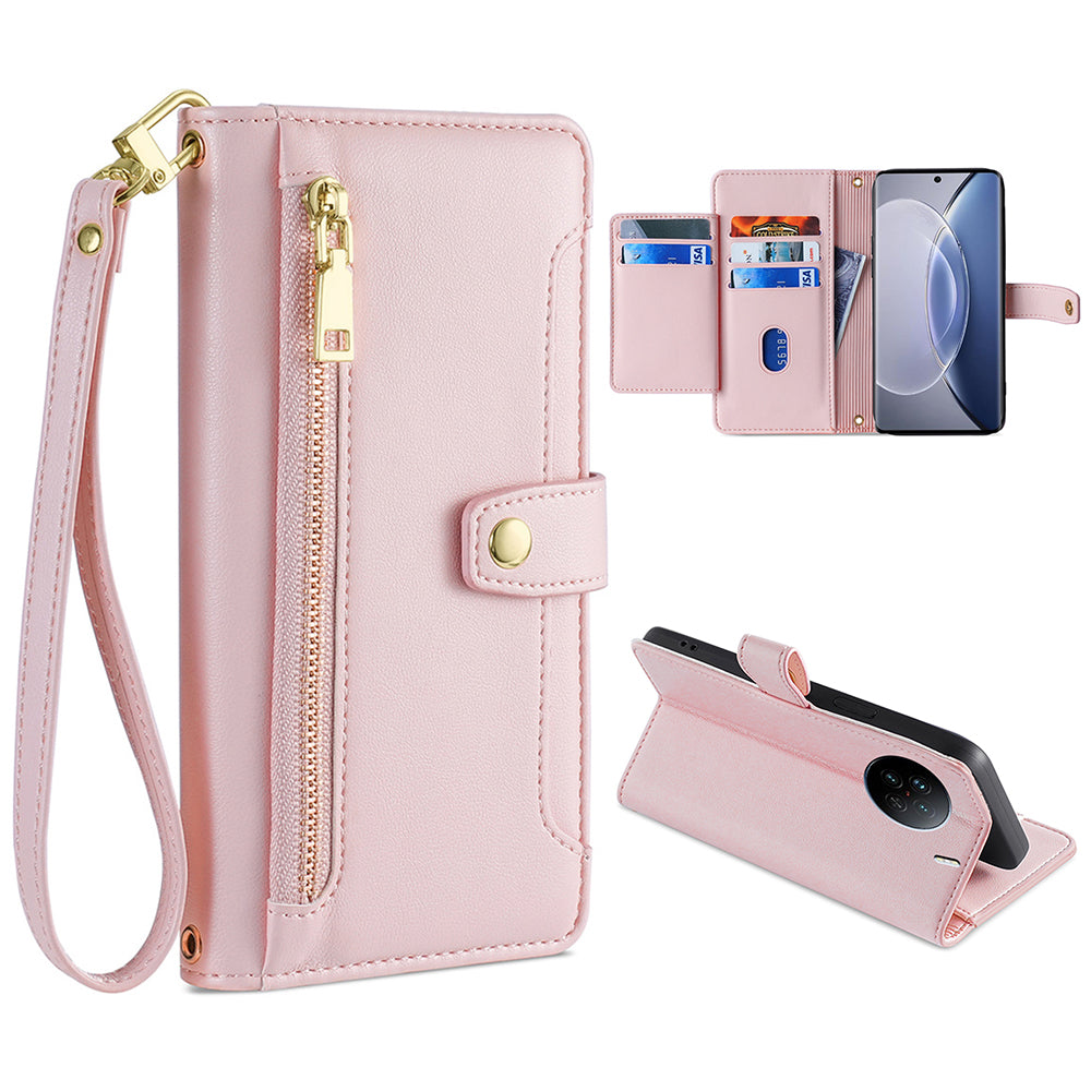 For vivo X90 5G PU Leather Stand Case Zipper Pocket Card Slots Well-protected Flip Phone Cover with Wrist Strap and Shoulder Strap For vivo X90 5G PU Leather Stand Case Zipper Pocket Card Slots Well-protected Flip Phone Cover with Wrist Strap and Shoulder Strap